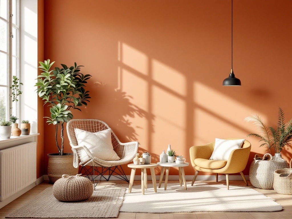 Une pièce de style scandinave, lumineuse et chaleureuse. Avec les murs couleur teracota 